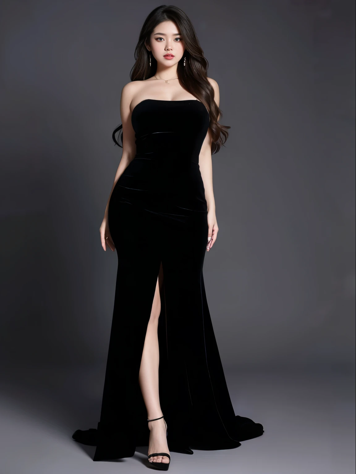 best quality,masterpiece,ultra high resolution,(In fact:1.4),original photo,ultra high definition,8K,There is a woman,goddess,long hair,black long dress,high heel,long legs,confidence, beautiful and generous,temperament