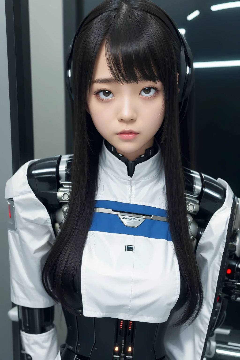 masterpiece, best quality, extremely detailed, Japaese android girl,portrait,Plump,a bit chubby,control panels,android,Droid,Mechanical Hand, Robot arms and legs, Black hair,Blunt bangs,perfect robot girl,long tube,thick cable connected her neck,android,robot,humanoid,cyborg,japanese cyborg girl ,robot-assembly plant,She is assembling now,assembly scene,rolling eyes,chest monitor