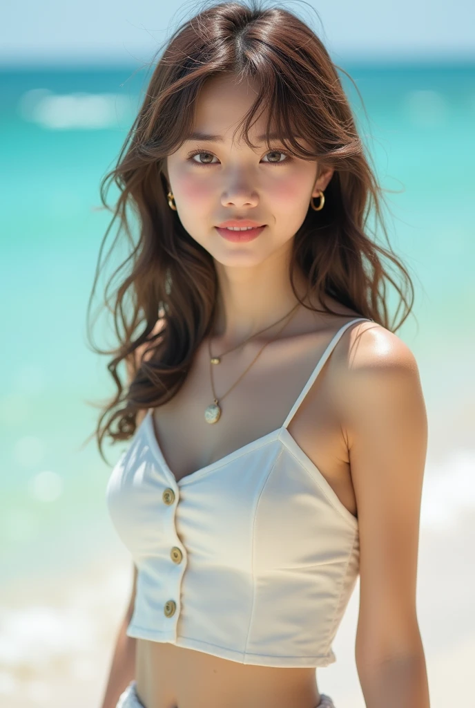 (masterpiece, 8k, best quality, RAW photo, photo realistic, ultra detailed), (insanely detailed and intricate:1.2), (beautiful Japanese girl), slender, 20yo, kawaii, cute, detailed face, detailed eyes, brown eyes, (thin eyebrow), detailed skin, (light brown hair), (wavy hair), (medium hair), blush, (small breasts), cleavage, (white cropped brause:1.4), (flare skirt), earrings, (necklace), bracelet, (looking at viewer:1.4), (close-up face:1.1), (seductive pose:1.2), (standing:1.2), (leaning forward), (wistful smile), (straw hat), BREAK (overlooking turquoise sea), (sunlight), (beach), (cowboy shot)