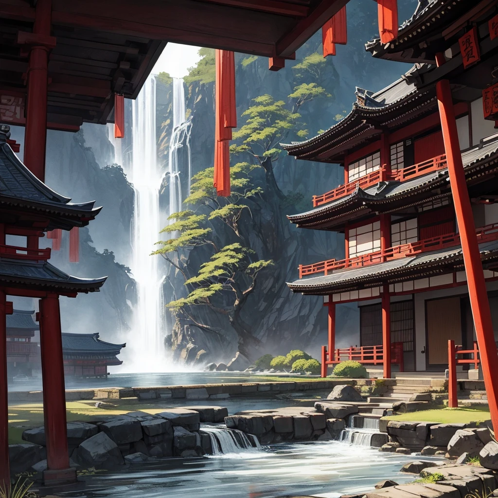 ((ink painting)), ancient japanese, black, red, temple, river, waterfall, symbols