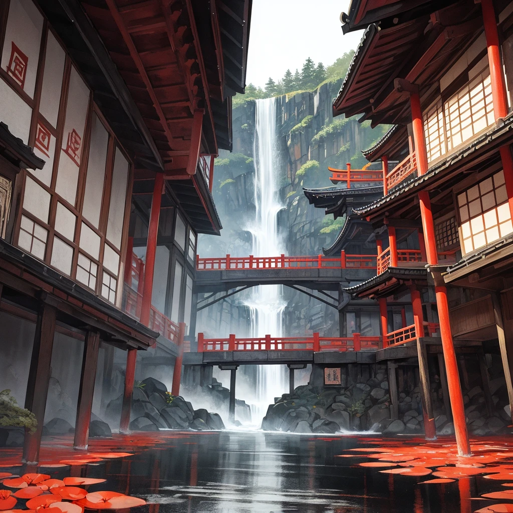 ((ink painting)), ancient japanese, black, red, temple, river, waterfall, symbols