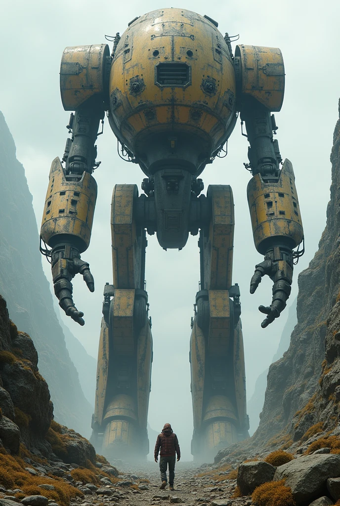 Huge mechanical soldier of a very ancient civilization, bigger than a mountain, broken and still moving, rust, moss, cracks,