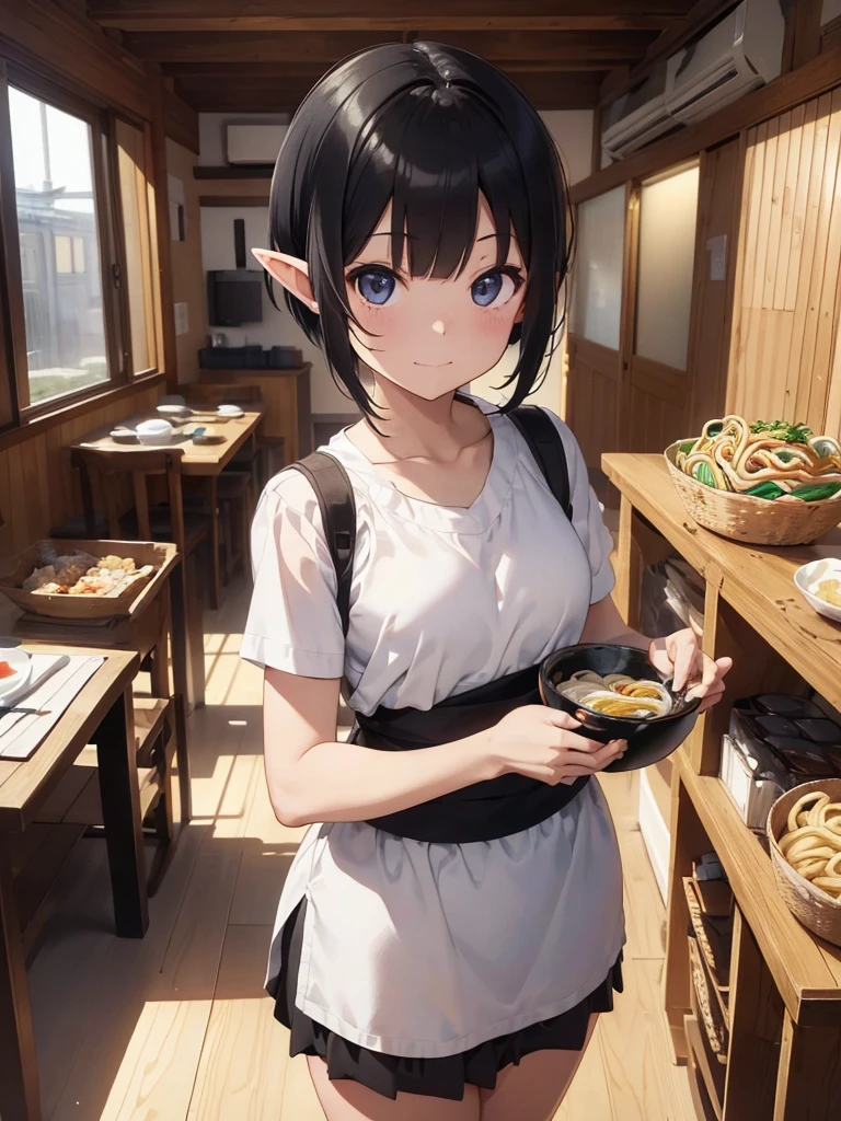 High resolution, 8K Ultra HD, ((Ink and painting)), Inside the soba restaurant. An elf carrying a tray of wide udon noodles. There is nothing in the colander except for white udon noodles.. Short black hair elf, (((Very short hairstyle))), Very nervous, A small smile, (((whole body)))