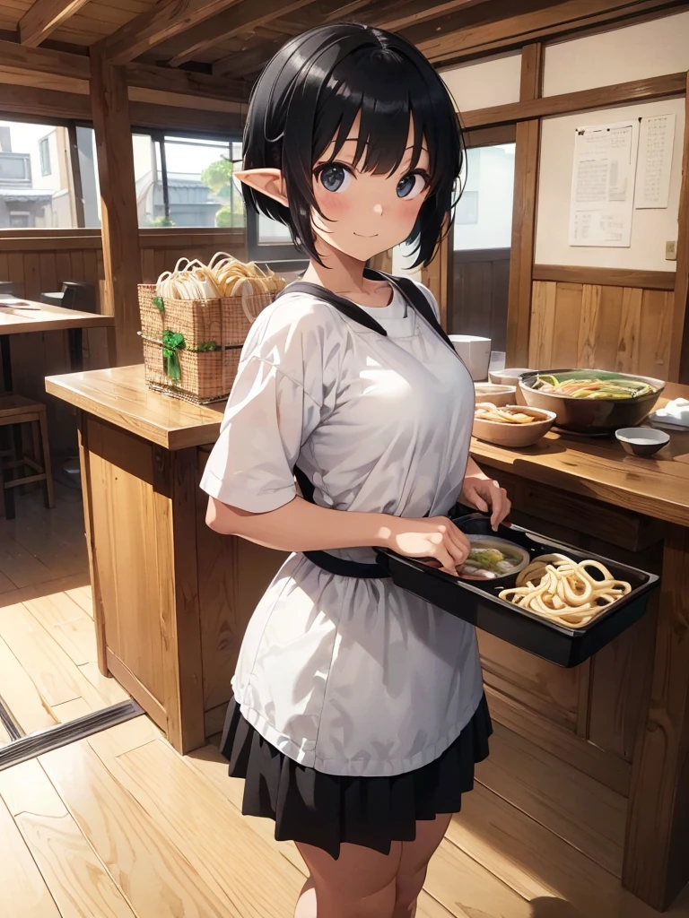 High resolution, 8K Ultra HD, ((Ink and painting)), Inside the soba restaurant. An elf carrying a tray of wide udon noodles. There is nothing in the colander except for white udon noodles.. Short black hair elf, (((Very short hairstyle))), Very nervous, A small smile, (((whole body)))