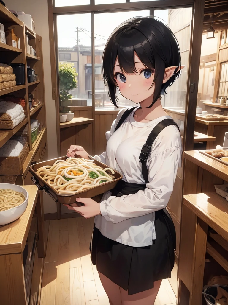 High resolution, 8K Ultra HD, ((Ink and painting)),  Inside the soba restaurant. An elf carrying a tray of wide udon noodles. There is nothing in the colander except for white udon noodles.. Short black hair elf, (((Very short hairstyle))), Very nervous,　A small smile,　(((whole body)))