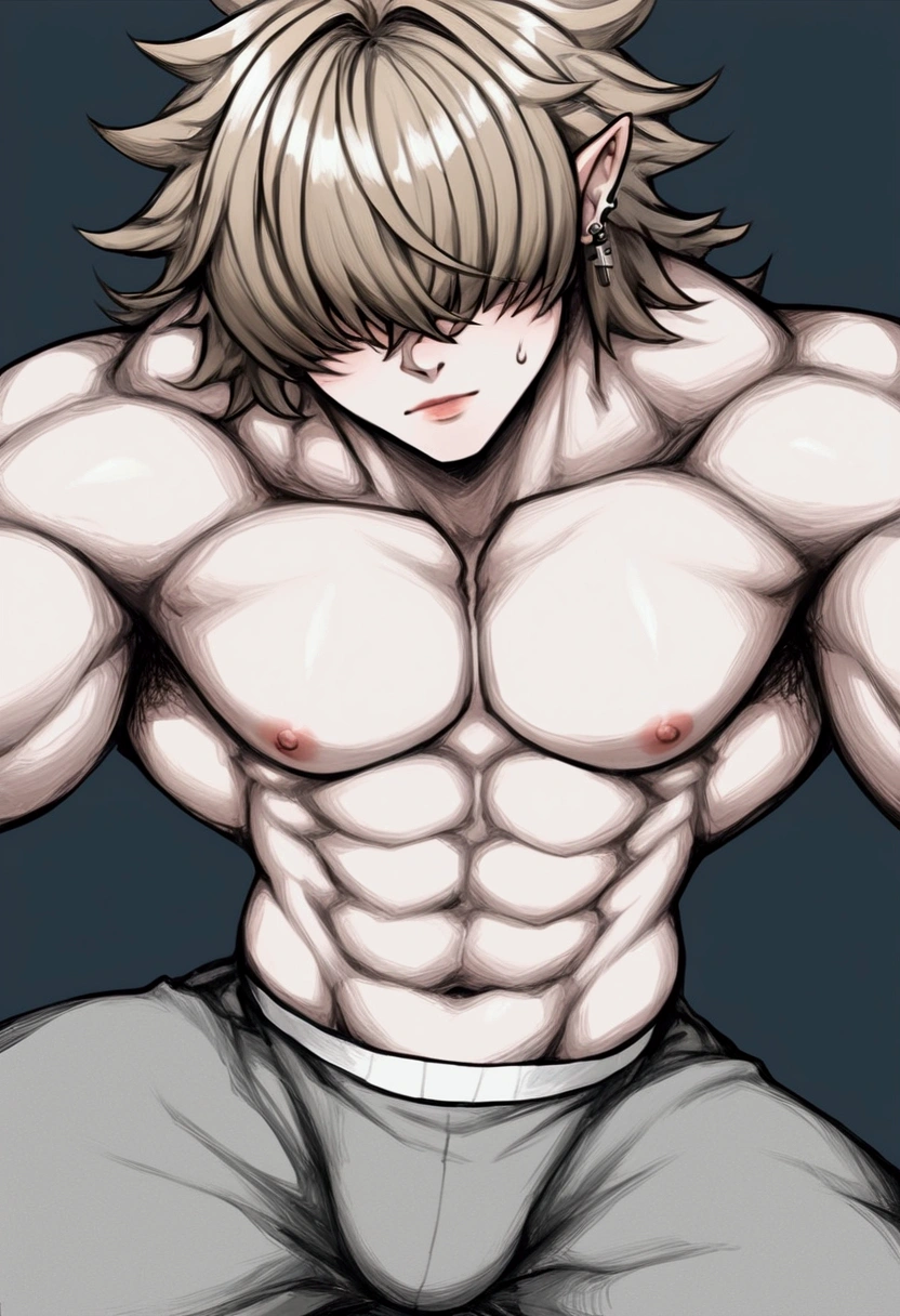 Male, standing at 5-foot 9-inches (175.26cm) with a face that even top supermodels could only wish for, albeit with a small scar on his cheek, he was just wearing a plainwhite short-sleeve shirt with gray-cargo sweatpants, his tight shirt vaguely showing the subtle outline his 8 toned abs and toned broad shoulders making a perfect V-Taper aligned with his slim waist, he had pretty large forearms and his arms (including biceps) were unreasonably shredded, perfectly sculpted, also having great muscle definition, and a Strong - Extremely Athletic Physique, he had Fluffy - Wavy Strawberry-Blonde hair with a Double-Eyebrow slit, he had Deep-Blood Red eyes, but they were covered, due to his hair being messy, with Fluffy - Wavy Locks falling over his face, his hair reaching just past his ears, his skin being a soft color of fair (Pale-Ivory), with glass-like skin complexion, his thick veins could be seen subtly in his arms and his neck, though, his lips slightly parted, he also had a Rosegold - White Cross left ear-piercing, hair over eyes, One Male, Masterpiece, Best quality, Very aesthetic, 1boy