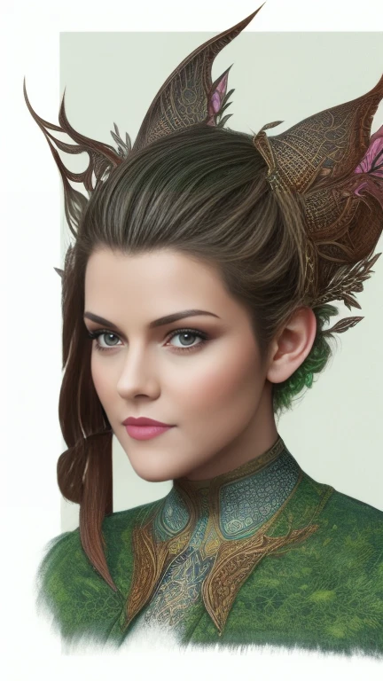 looks like Kirsten Stewart, Close-up of a surreal moss elf with pointy ears in the style of Ernst Haeckel, Arthur Rackham, by Roger Dean, Jeff Wall, Wolfgang Tillmans, Brooke Scheiden $illustration of etching drawing$ detailed matte resin painting, Deep color, fantastic, complex part, screensaver, additional colors, fantasy concept art, Тенденции разрешения 8k на Artstation Unreal Engine 5