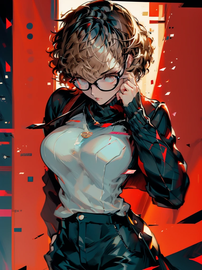 ((chibi)), big head, focus face, in the art style of persona5, (masterpiece:1.2, highest quality), (Realistic, photoRealistic:1.4), Beautiful illustrations, (Natural Side Lighting, Cinema Lighting), Written boundary depth, Beautiful thighs staring at the viewer, 1 female, 20-year-old, alone, thin, slender, (huge breasts), short Hair, curly Hair, Forehead, Forehead, Forehead, Forehead, thin, slender, glasses, ((Skinny black pants, sweater)), Are standing, (((glasses))), ((Close-up)), ((Close-up)), ((Close-up))