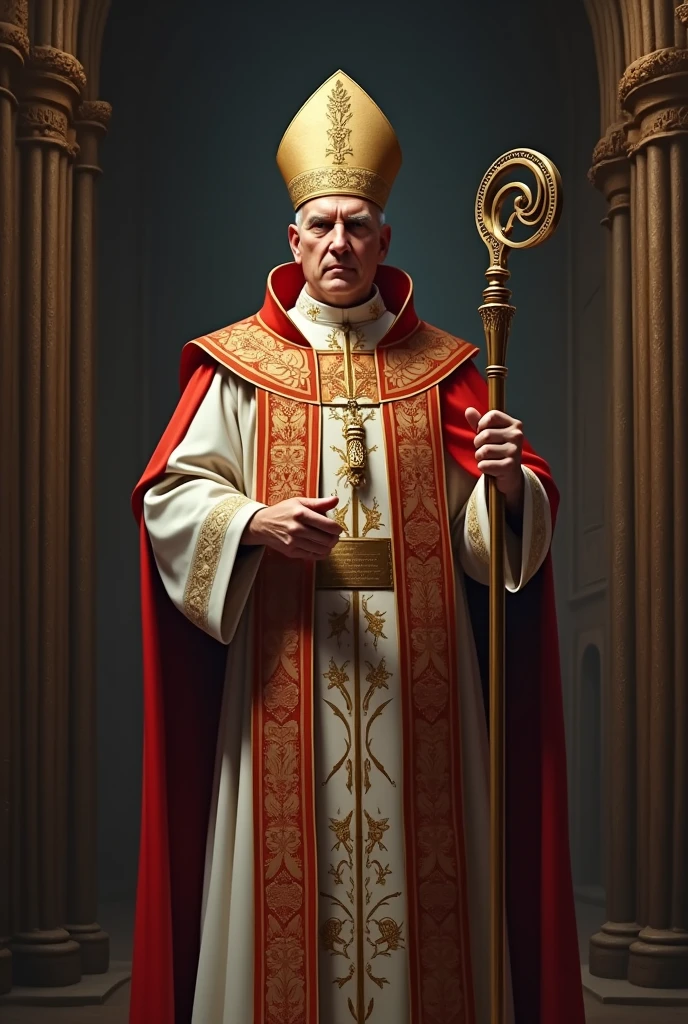 A Catholic bishop with a mitre on his head and a crosier in his right hand, The Bishop should be facing the exit door 