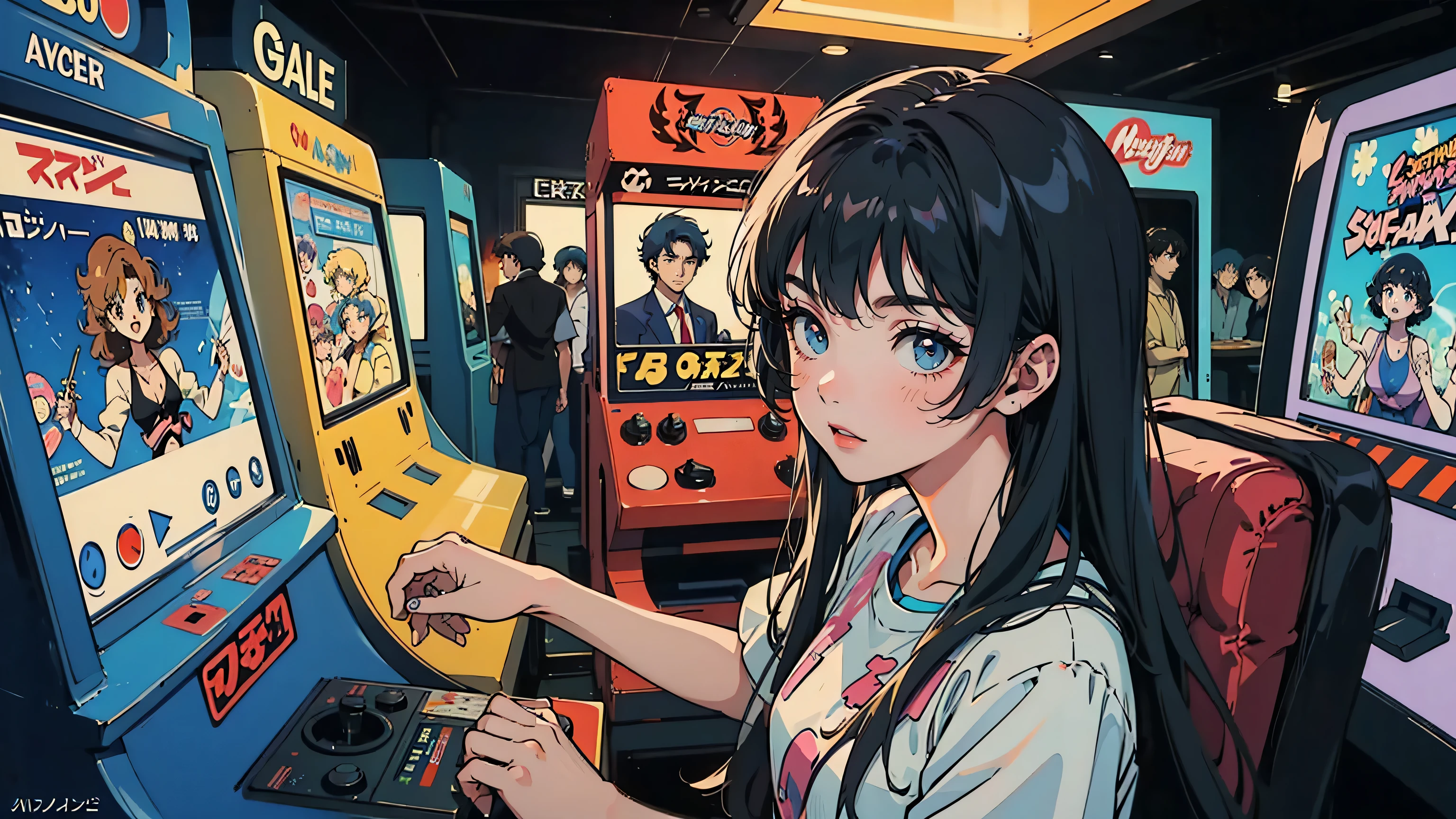 Retro arcade anime girl, 80&#39;s Anime atmosphere, 80s anime style, Retro anime, 1980's anime style, Retro anime images, Anime atmosphere, Playing games, smoking a cigarette, smoking
