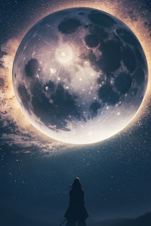 Highest quality,Big moon and shadow,A silhouette of a person can be seen against the backdrop of a large moon.,There is one full moon,There is a mood,Beautiful scenery,Starry Sky