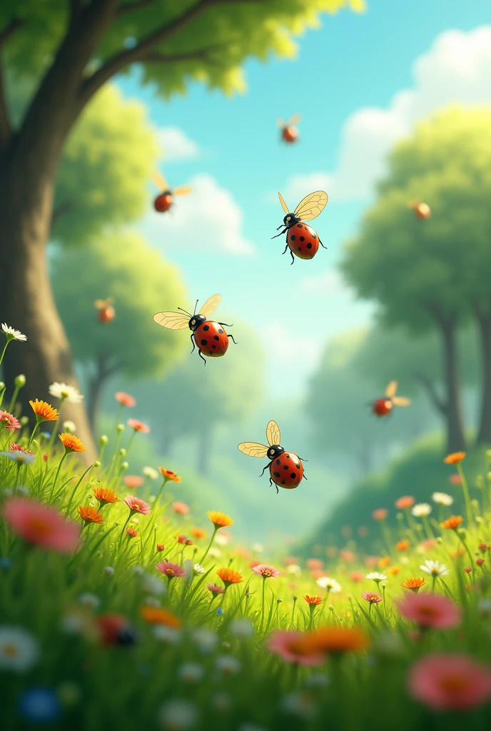 In a magical lush green meadows and tries flying a group of lady bugs