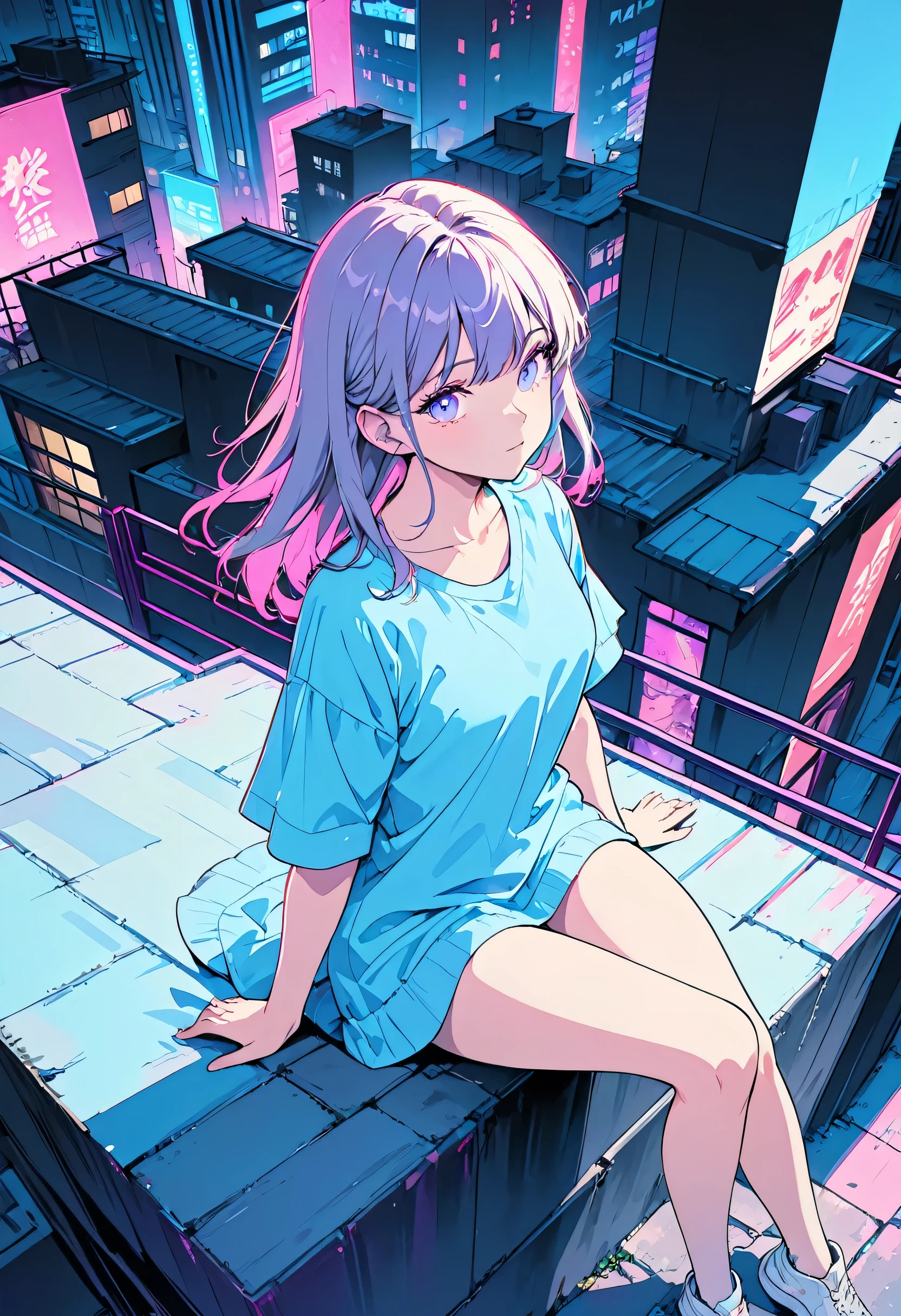 masterpiece,Highest quality,1 Synthwave style girl,Blue outline,Neon lit street,Blue fluorescent paint,alone,From above,Cowboy Shot,Sitting on the roof of a building,Highly detailed CG,Flat Color,Limited edition palette,No Line Art,silhouette,Partially colored,Alternative color,Dynamic Angle,Blue long top champagne,Purple Shadow,Synthwave,chromatic aberration,(alone focus),Perfect Shadow,Completely naked,Delicate face,,Beautiful and delicate eyes,Delicate background,Blue Neon Light,