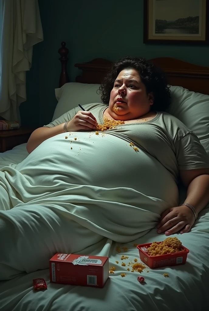A very fat woman in a bed eating too much