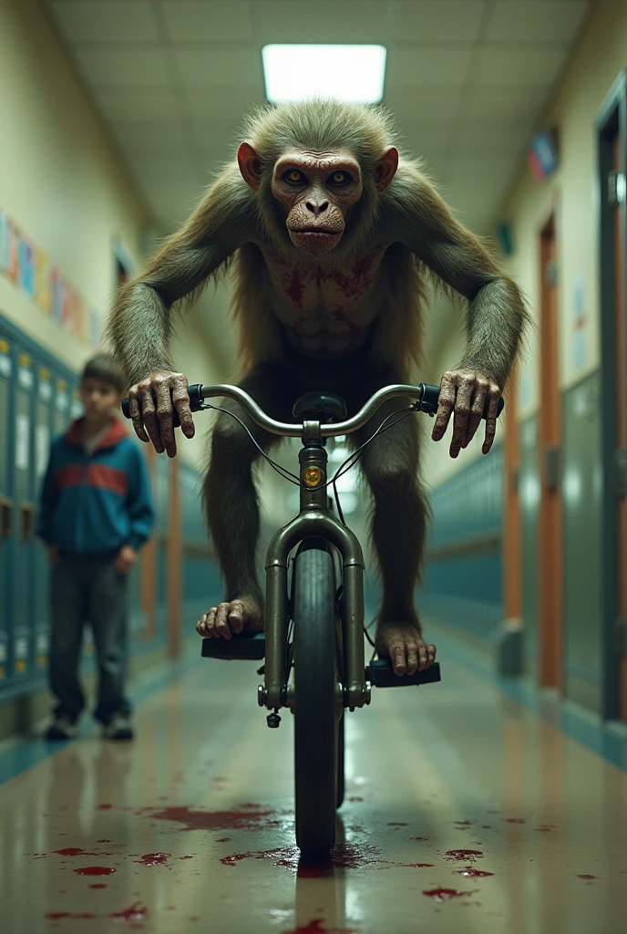 Zombie monkey ride cycle in childs school, some blood on monkey face
Child watching