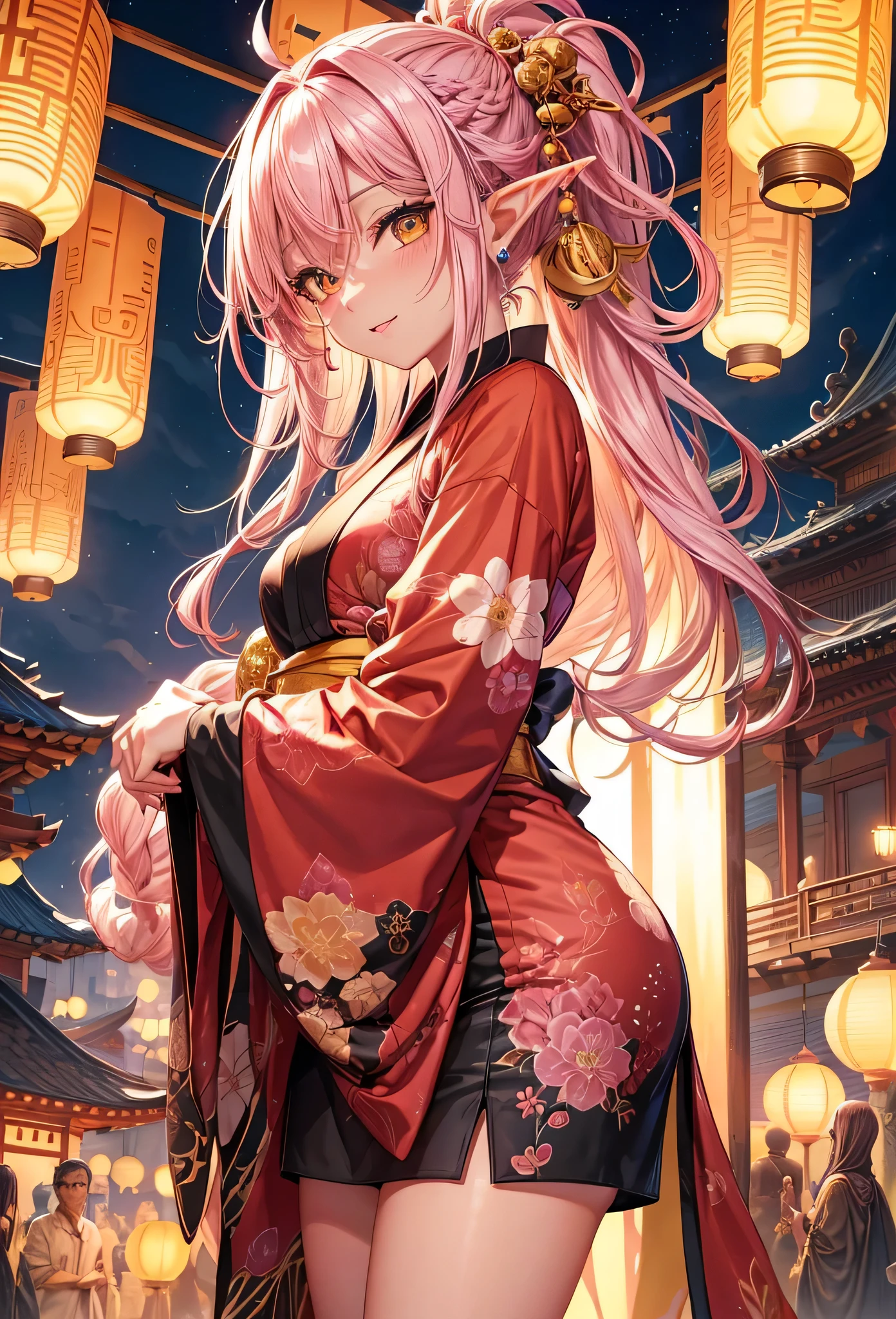(immensely black skin:1.3 elf woman style) (preparing lantern festival), (solo:2, 1000 yo), (hide behind a pillar), (beautiful detailed dreadlocks:1.4) (beautiful pink hair long hair sexy elf woman) (beautiful sexy yellow eyes) (soft smile) (glossy lip), (small tits), (in a detailed beautiful black yukata, small tits), break,  (in the lantern festival venue, put on high rise scaffold), background many people), BREAK, 16k, masterpiece, best quality, immensely detailed beautiful evening.