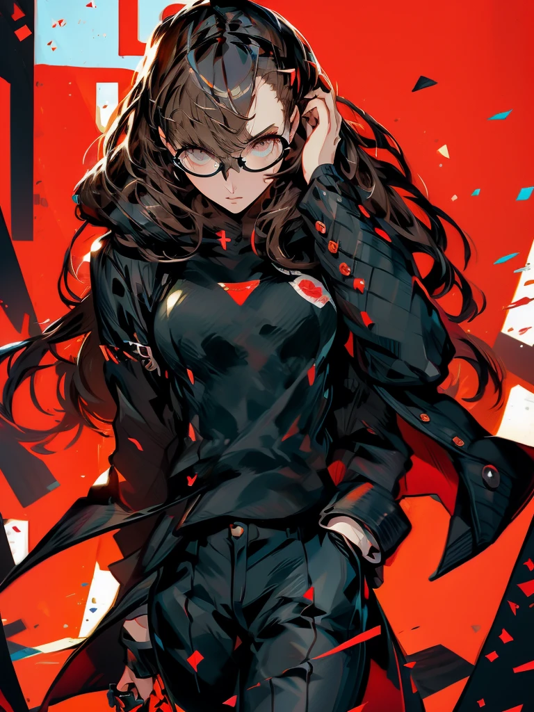 ((chibi)), big head, focus face, in the art style of persona5, (masterpiece:1.2, highest quality), (Realistic, photoRealistic:1.4), Beautiful illustrations, (Natural Side Lighting, Cinema Lighting), Written boundary depth, Beautiful thighs staring at the viewer, 1 female, 20-year-old, alone, thin, slender, (small breasts), long Hair, straight Hair, Forehead, Forehead, Forehead, Forehead, thin, slender, glasses, ((Skinny black pants, oversized hoodie)), Are standing, (((glasses))), ((Close-up)), ((Close-up)), ((Close-up))