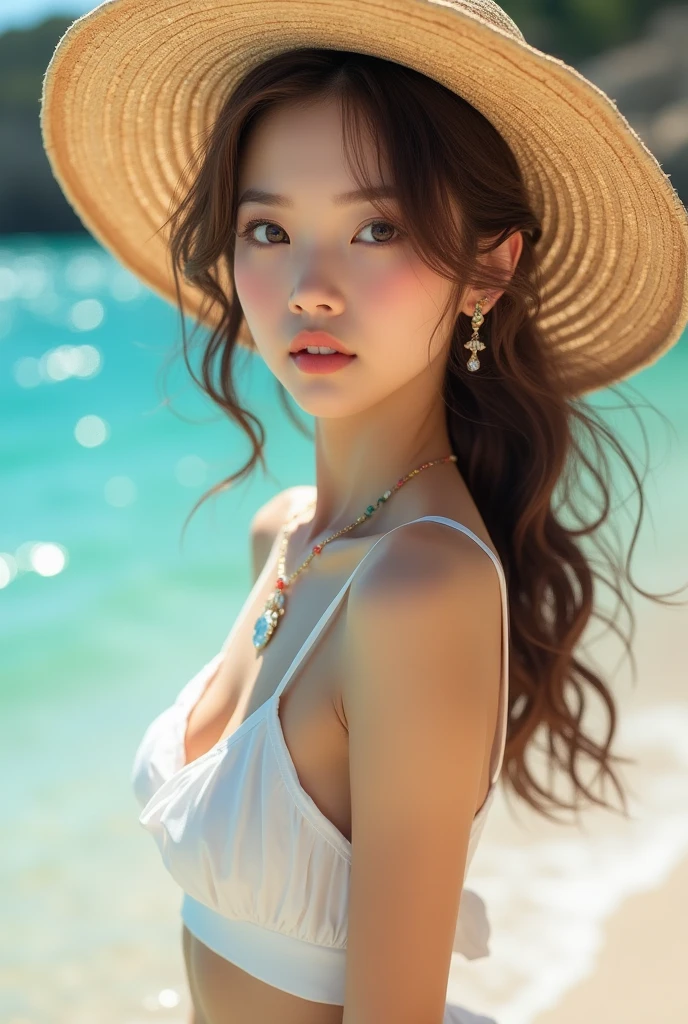 (masterpiece, 8k, best quality, RAW photo, photo realistic, ultra detailed), (insanely detailed and intricate:1.2), (beautiful Japanese girl), slender, 20yo, kawaii, cute, detailed face, detailed eyes, brown eyes, (thin eyebrow), detailed skin, (light brown hair), (wavy hair), (medium hair), blush, (small breasts), cleavage, (white cropped brause:1.4), (flare skirt), earrings, (necklace), bracelet, (looking at viewer:1.4), (close-up face:1.1), (seductive pose:1.2), (standing:1.2), (leaning forward), (wistful smile), (straw hat), BREAK (overlooking turquoise sea), (sunlight), (beach), (cowboy shot)