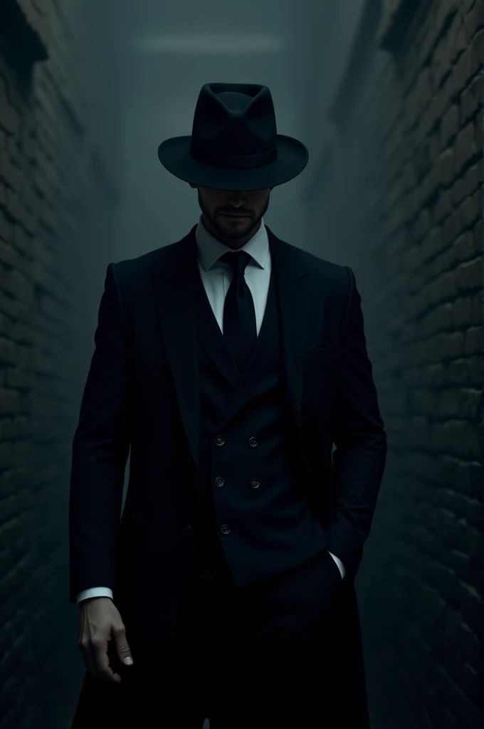 Please create a book cover mock up, that the book can be seen in 3D, As an image it is a background of a dark brick wall in a night environment with a dim light where there is a mysterious man, seen from the torso up, Elegantly dressed in a black suit and a black hat covering his eyes giving him a mysterious appearance, where you can only see the face from the nose down.