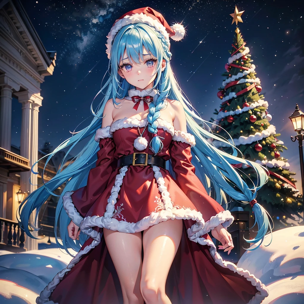 (Sky Blue Hair),((Braided Hair:1.2)),(Pink Eyes),(Fair Skin),(Full Body),(Alone),(Santa Claus Clothes),(Giant Christmas Tree in the Background),(Snowy Night),Sparkling Night Sky,snowman,gift box,(Masterpiece, Top Quality, Very Detailed, Best Shadows),(Detailed Background),(Beautifully Detailed Face),High Contrast,(Best Lighting, Very Delicate and Beautiful),((Cinematic Light)),Hyper Detail,8k,Dramatic Light,Exquisite Detail,