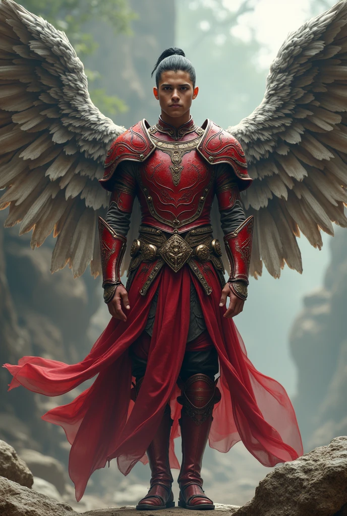 (male teenager ) (with mixed skin complexion) (Hispanic appearance)( guerrero) ( With Silver Wings) levitating and with (crimson armor )