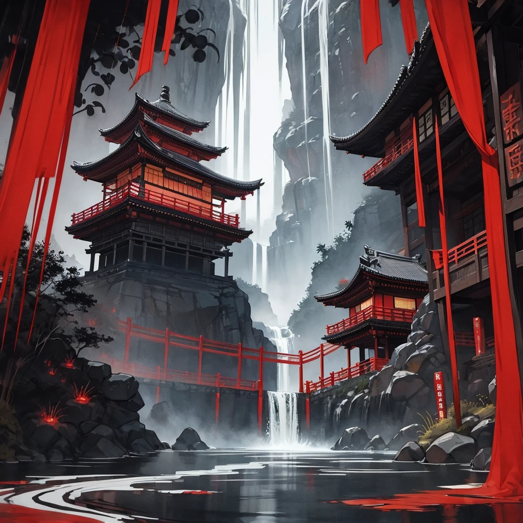 (((ink painting))), ancient japanese, black, red, temple, river, waterfall, symbols