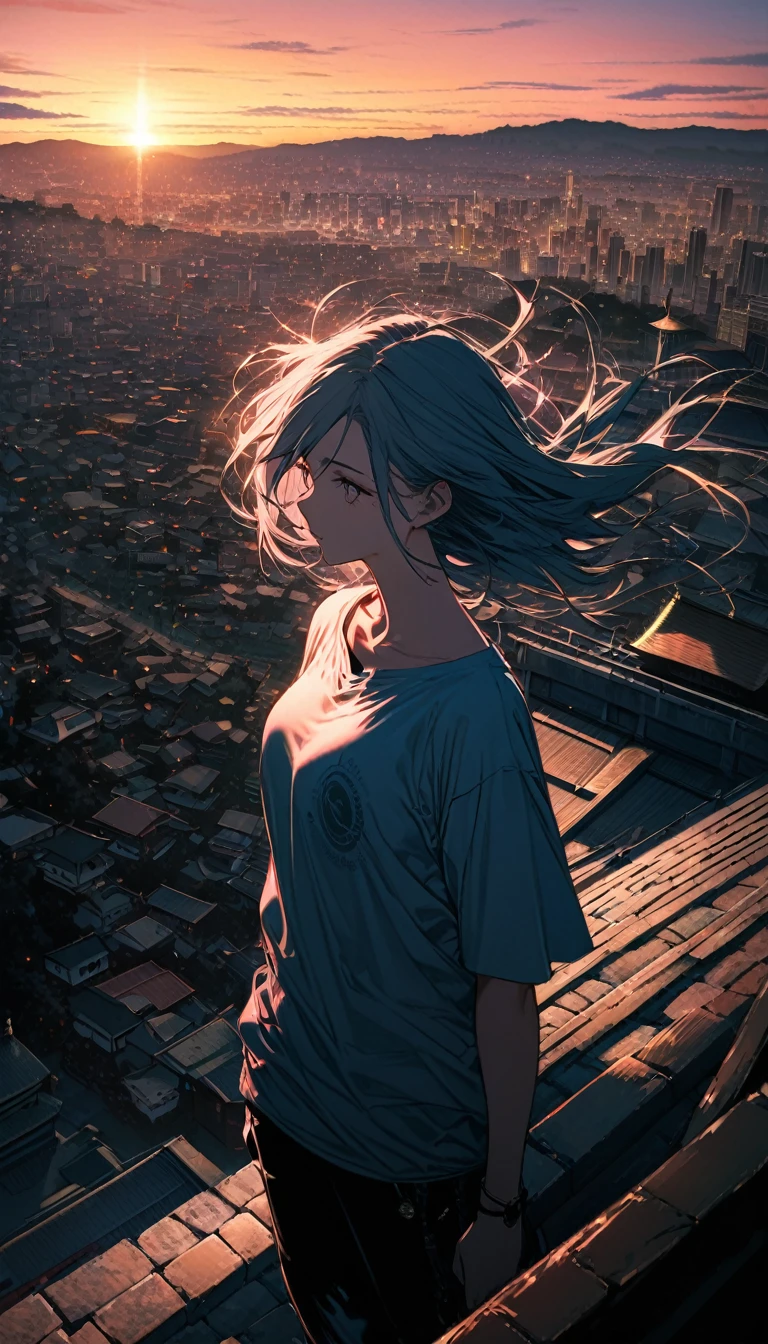 Highest quality, Super Fine, 16K,Clear skies,View of the city from the steps of the shrine. Highly detailed, Gazing into the distance, Wearing a loose T-shirt, Captivating look, Wind, Wind-effect, (Nice views:1.1) , Clockpunk Altitude 800 Sunrise