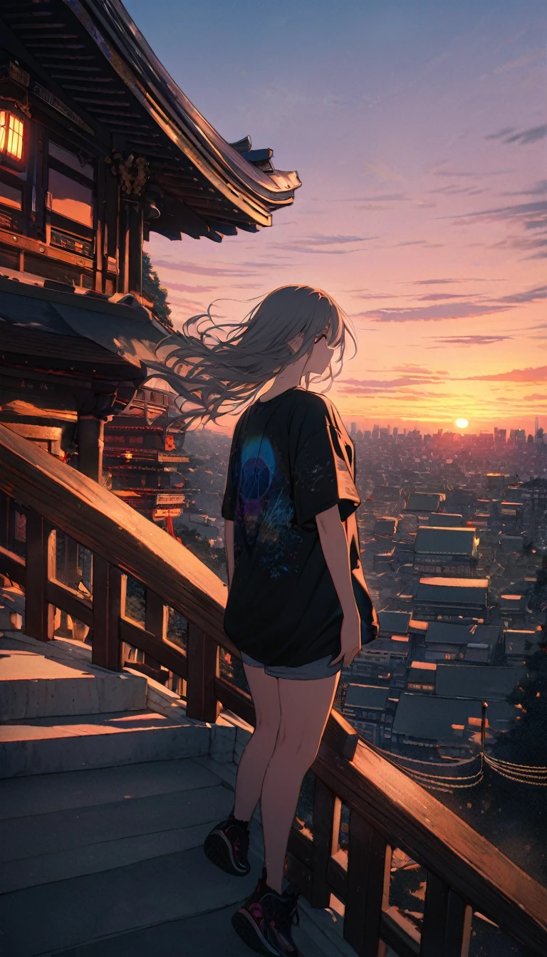Highest quality, Super Fine, 16K,Clear skies,View of the city from the steps of the shrine. Highly detailed, Gazing into the distance, Wearing a loose T-shirt, Captivating look, Wind, Wind-effect, (Nice views:1.1) , Clockpunk Altitude 800 Sunrise