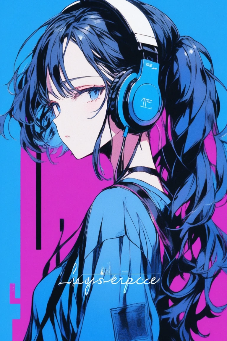 ((masterpiece,Highest quality)), 8k, anime , Realistic ,sketch, anime風のポートレート, (((黒猫を連れたanimeの女性))), 20-year-old, Blue gradient background, Tank Top T-Shirt,, DJ Style, Neon long twin tail hair, lip,, Wear headphones, Texture Trim, Canadian, Upper Body,  Facing forward, (masterpiece,Highest quality)