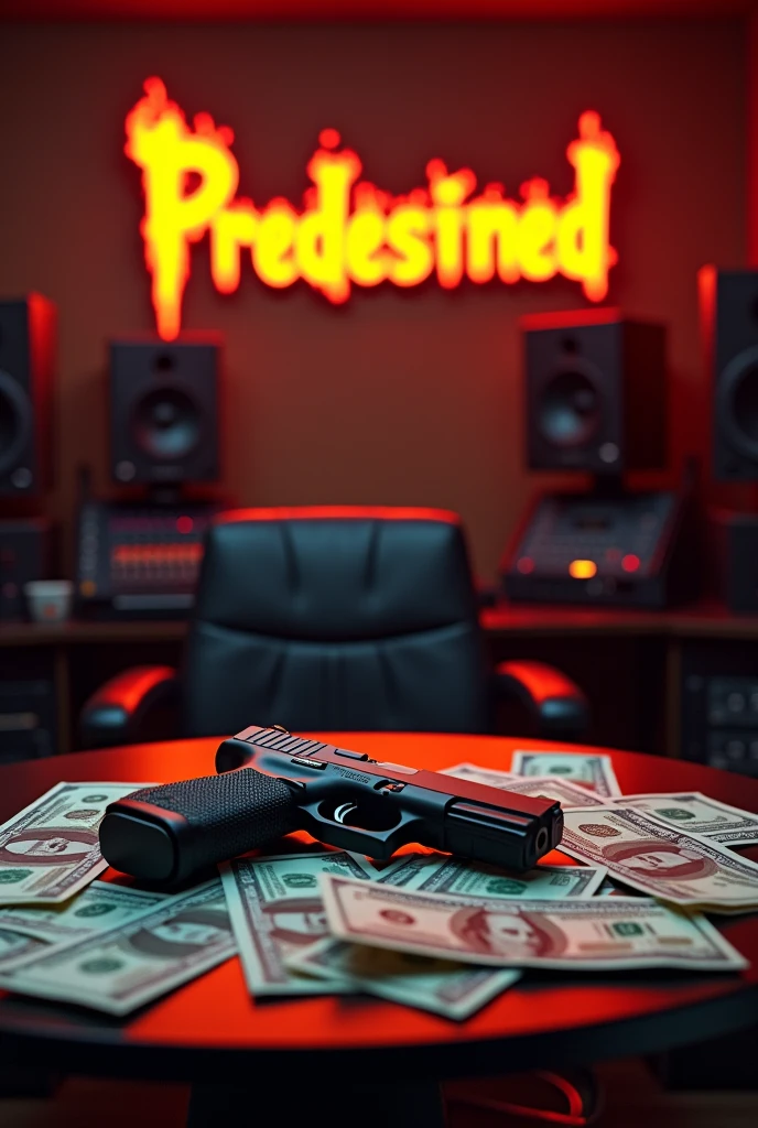 Lots of dollars and a Glock on top of a table inside a music studio with the logo "Predestined" on the wall with fire letters