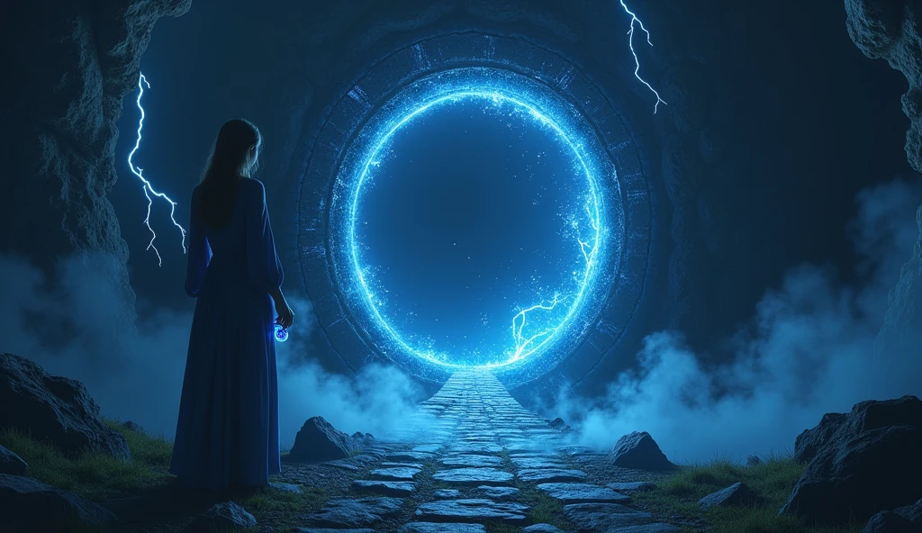 Nuit noir avec une porte surnaturel rond et noir et rose et bleu avec des eclairs de magie et de la fumé au sol et une femme de dos qui tien un colier bleu dans sa main dans un lieu sombre