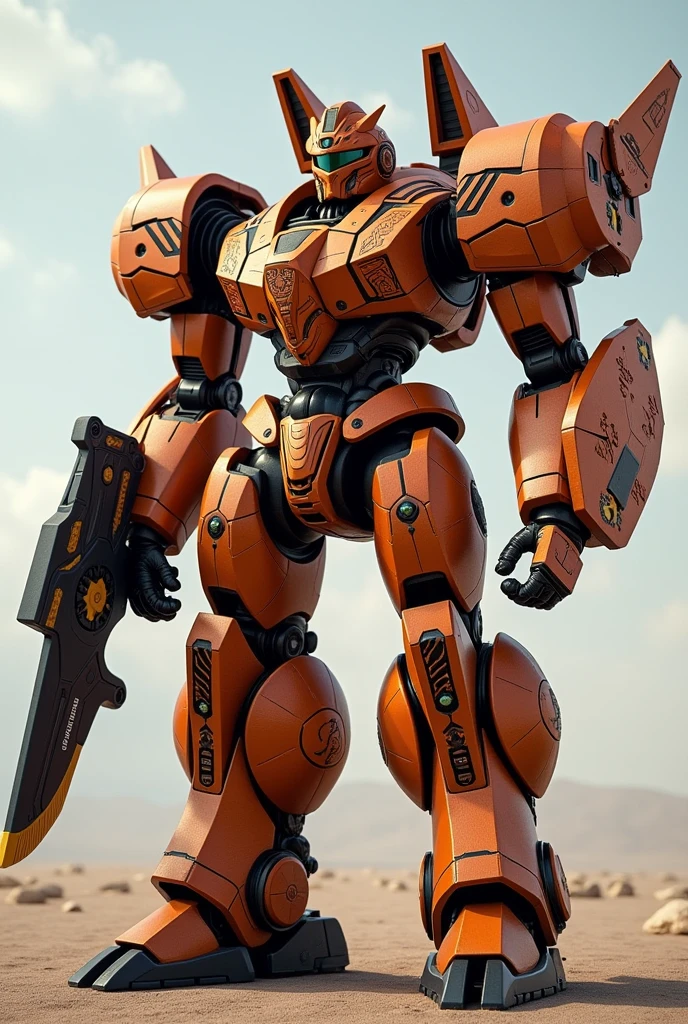 **Characteristics:**
- **Colors and Design:** Its color scheme is based on terracotta and gold hues, evoking the colors of ancient Inca structures and Andean landscapes. The Jaeger's armor features intricate geometric patterns reminiscent of Peruvian art and textiles.
- **armor:** Equipped with reinforced ceramic plates and advanced metal alloys, the Inca Guardian is designed to withstand the fiercest Kaiju attacks. The armor has a matte finish that reduces glare and improves camouflage in various terrain.
- **Weapons:**
- **"Cannon Keel":** An energy cannon mounted on the right arm that fires high-precision plasma projectiles.
- **"Inca Guardian":** A retractable energy ax on the left arm, inspired by traditional weapons, that can cut through Kaiju armor with ease.
- **"Ray Gun":** A deployable electric spear that can be used for long-range attacks or as a defensive barrier.
- **Propulsion:** The Inca Guardian is equipped with advanced propulsion systems that allow for fast and agile maneuvers in combat, both on land and in the air. Its thrusters are designed to adapt to mountainous and urban terrain.