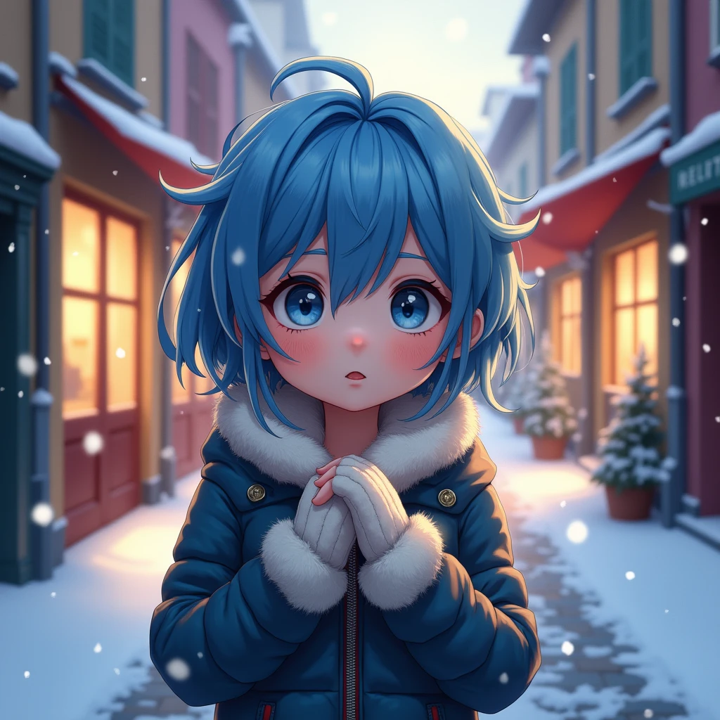 masterpiece, Highest quality, Perfect lighting, One person about 10 years old、Outdoor, Put your hands together、alone, Bright light, colorful, Blue Hair, Long Hair, blue eyes, snow,  blush, Mittens, European city road、Window light