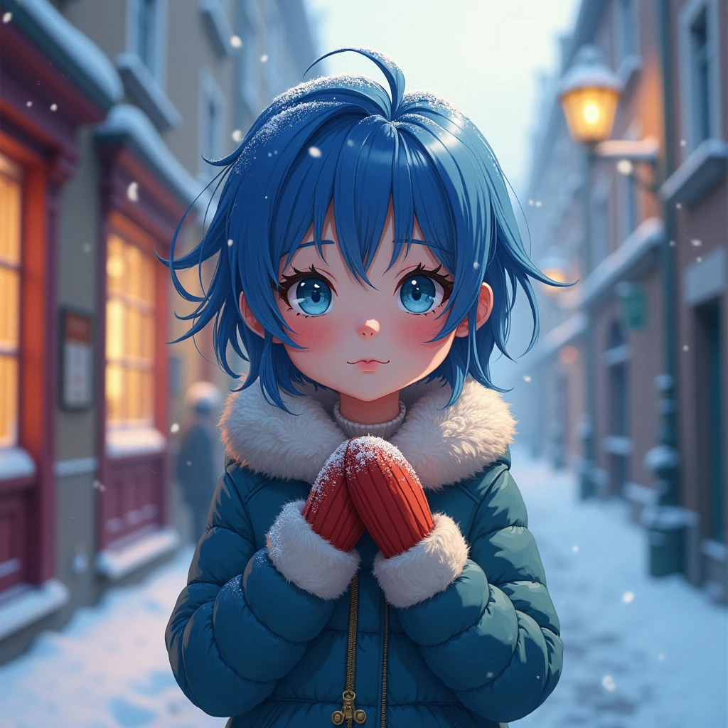 masterpiece, Highest quality, Perfect lighting, One person about 10 years old、Outdoor, Put your hands together、alone, Bright light, colorful, Blue Hair, Long Hair, blue eyes, snow, blush, Mittens, European city road、Window light