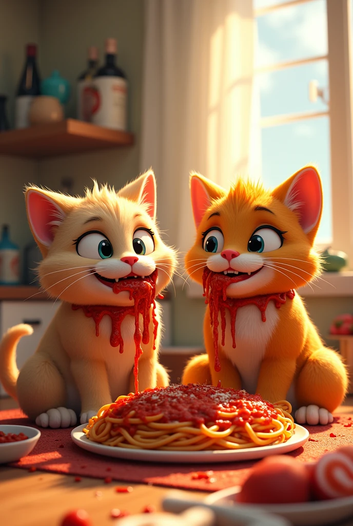 Max and Whiskers, still covered in sauce, are happily munching on their portions of the spaghetti. They are sitting side by side, with satisfied expressions on their faces. The kitchen remains messy, with remnants of the spaghetti battle around them.