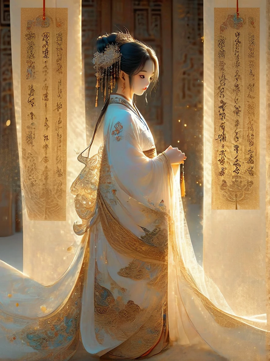 illustration, Dunhuang art style, Extremely long-distance lens, A mysterious little person, Wearing traditional silk dress, Standing on an ancient soft scroll with golden ancient texts, Zen style, Bright Star, Light and Shadow, Ancient White, epic, Extremely delicate brushstrokes, 3D Rendering, Reality, Photographed by DJI