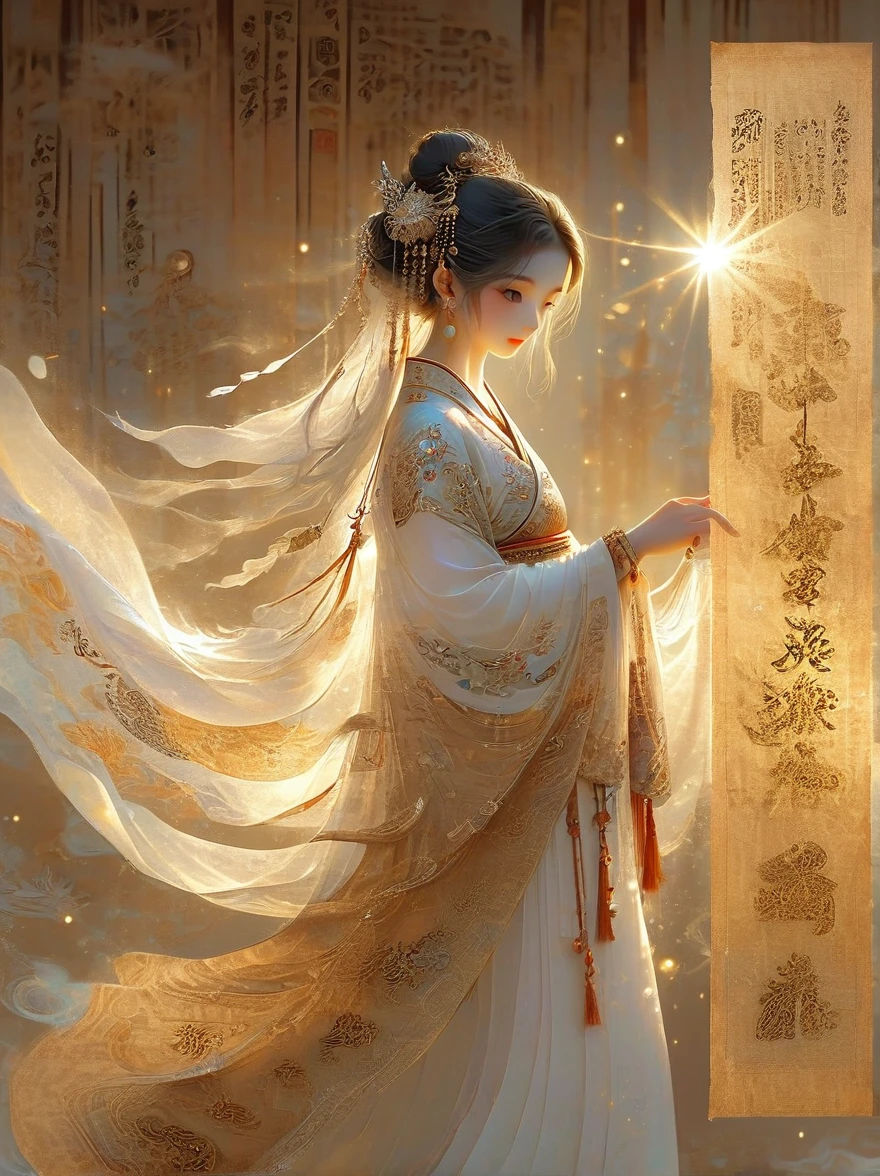 illustration, Dunhuang art style, Extremely long-distance lens, A mysterious little person, Wearing traditional silk dress, Standing on an ancient soft scroll with golden ancient texts, Zen style, Bright Star, Light and Shadow, Ancient White, epic, Extremely delicate brushstrokes, 3D Rendering, Reality, Photographed by DJI