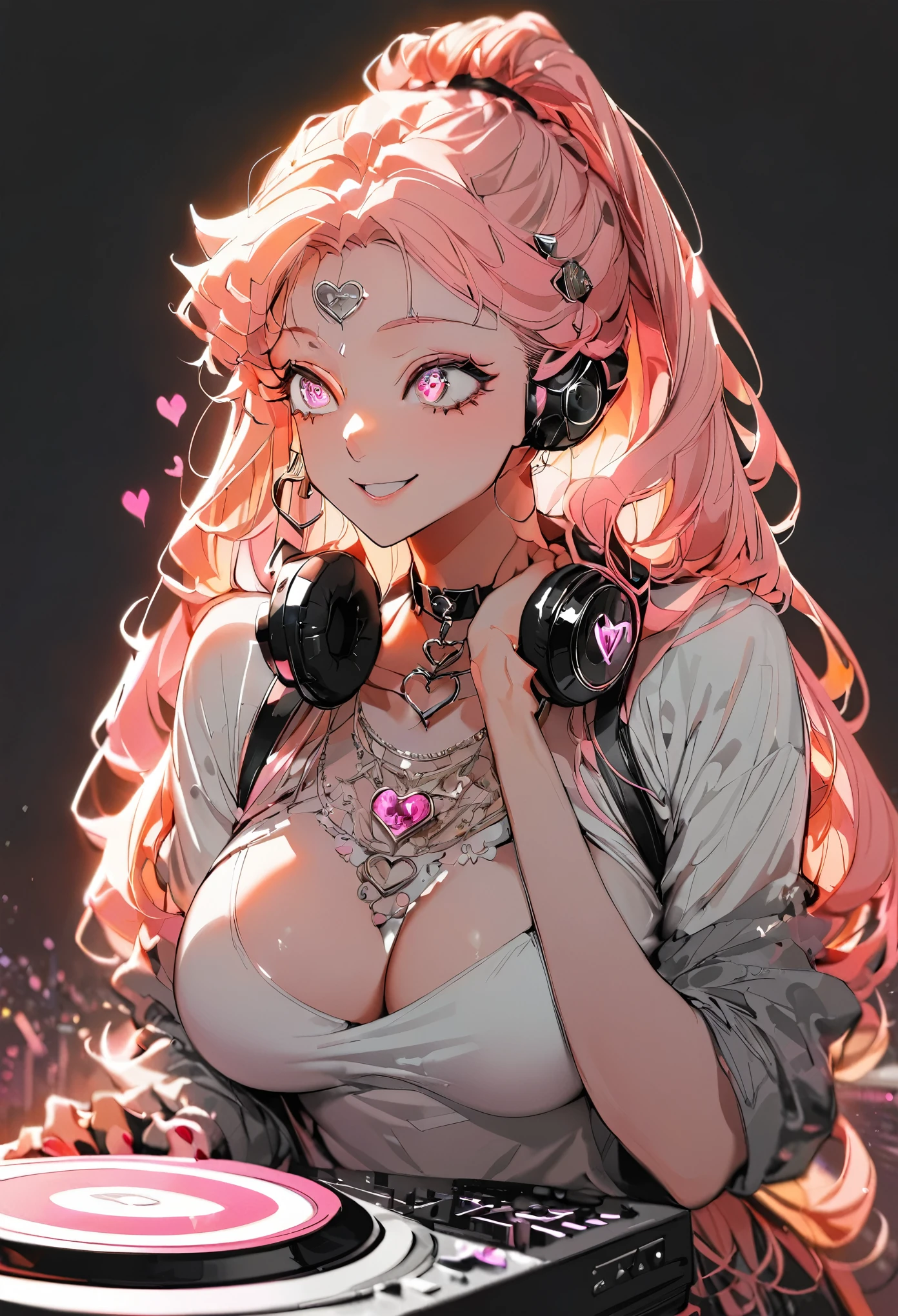 (highest quality:1.2, Very detailed, Latest, Vibrant, Super detailed, High Contrast, masterpiece:1.2, highest quality, Best aesthetics, aesthetic: 1.2), woman, Pink Long Hair, Beautiful breasts, DJ, (Pink detailed eyes, Beautiful Eyes), smile, Light background , Heart-shaped choker, (Pop Art), colorful,Pink long ponytail hair, Eye of the symbol, +__+, Hip-hop costumes, listening to music on headphones, Looking up, DJ Style,