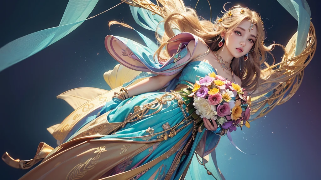 32K, 最高quality, 最高masterpiece, (ultra-Detailed Background, Detailed Background), High resolution, Super detailed, Very detailedな, 1 personの, (bouquet:1.3), (Tangled:1.2), (Geometric:1.2),(colorful),(masterpiece, quality, best quality, Official Art, Beautiful and beautiful:1.2), (1 person:1.3), Very detailed,(colorful:1.1)(Flowers:1.3),Most detailed,(Tangled:1.2), whole body, (Abstract background:1.3), (Skin glows), (Many colors:1.4), ,(Earrings Jewelry:1.5), Light blue and gradient background,