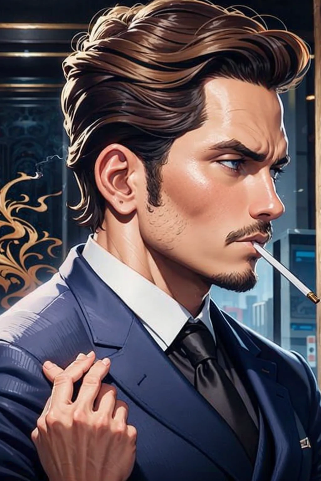 a man 35 years old with dark blonde hair, wearing a suit, smoking a cig, serious expression, bored, profile view, haughty, natural pose, color harmony, detailed, melancholic oil painting