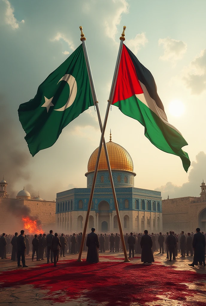 Pakistani and Palestine flag erect together on Masjid Al Aqsa with blood 
