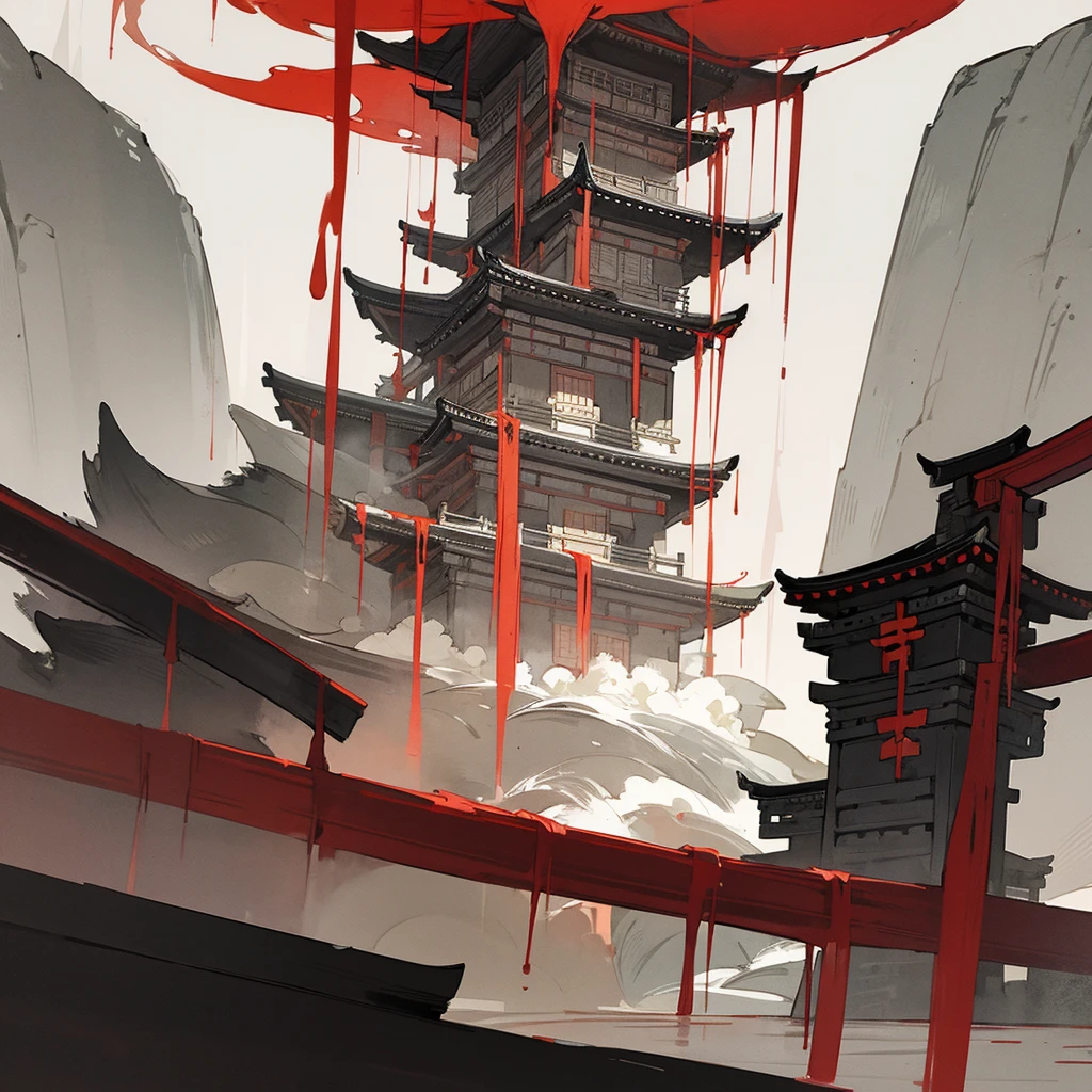 (((ink painting))), ancient japanese, black, red, temple, river, waterfall, symbols