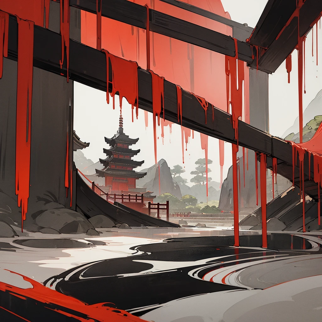 (((ink painting))), ancient japanese, black, red, temple, river, waterfall, symbols
