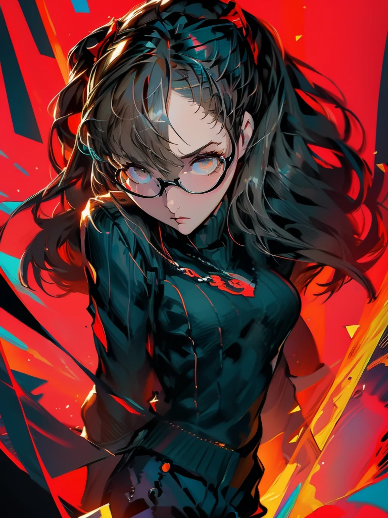 ((chibi)), big head, focus face, in the art style of persona5, (masterpiece:1.2, highest quality), (Realistic, photoRealistic:1.4), Beautiful illustrations, (Natural Side Lighting, Cinema Lighting), Written boundary depth, Beautiful thighs staring at the viewer, 1 female, 20-year-old, alone, thin, slender, (small breasts), long Hair, straight Hair, Forehead, Forehead, Forehead, Forehead, thin, slender, glasses, ((Skinny black pants, sweater)), Are standing, (((glasses))), ((Close-up)), ((Close-up)), ((Close-up))