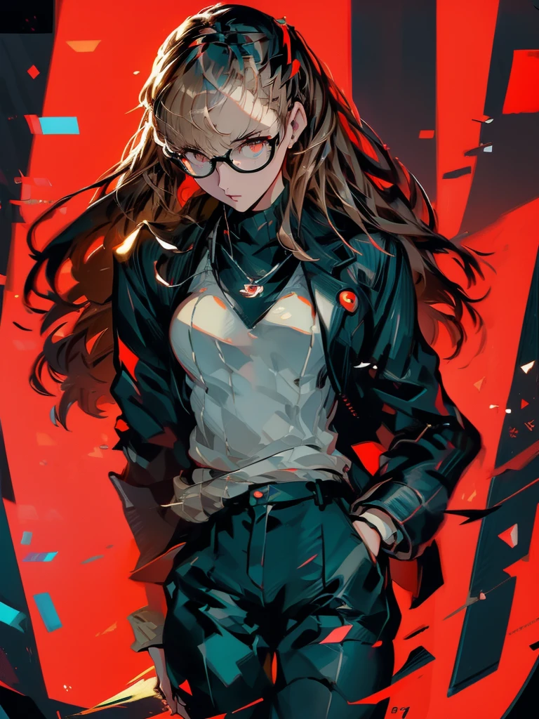 ((chibi)), big head, focus face, in the art style of persona5, (masterpiece:1.2, highest quality), (Realistic, photoRealistic:1.4), Beautiful illustrations, (Natural Side Lighting, Cinema Lighting), Written boundary depth, Beautiful thighs staring at the viewer, 1 female, 20-year-old, alone, thin, slender, (small breasts), long Hair, straight Hair, Forehead, Forehead, Forehead, Forehead, thin, slender, glasses, ((Skinny black pants, sweater)), Are standing, (((glasses))), ((Close-up)), ((Close-up)), ((Close-up))