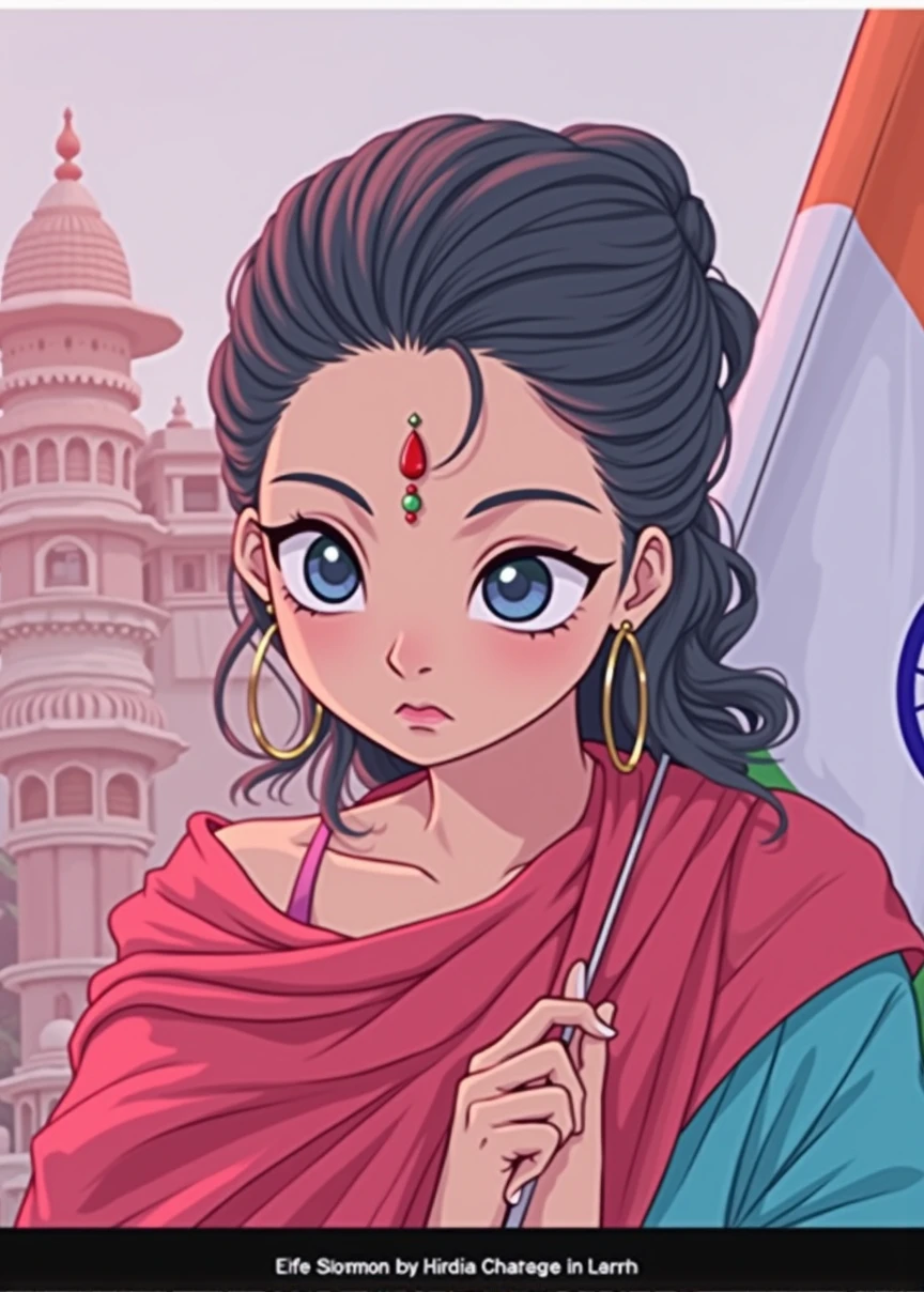 Girl with this face standing with indian flag in goddess durga pose