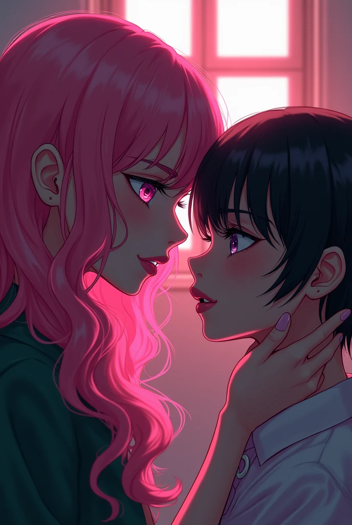 Sexy pink hair girl, curly and long, with pink lips pink or violet eyes, He was looking at another girl's face while holding his own face with tension, a short dark-skinned girl. , short black pixie hair cut very short above the ears in a catholic school
