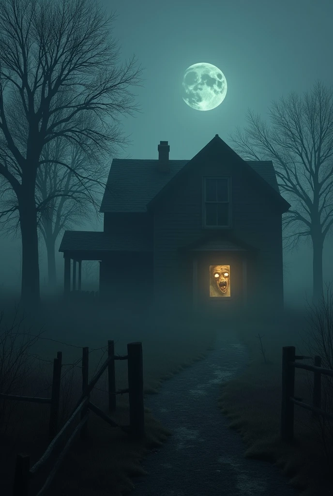 A dilapidated, old farmhouse at night, surrounded by leafless trees and dense fog. The house is almost entirely in darkness, with a single dim light glowing faintly from one of the windows. In the shadows near the house, a barely visible ghostly face with twisted features and piercing eyes emerges, blending into the darkness. The atmosphere is eerie and foreboding, with a sense of an ancient, malevolent presence lurking within the scene.