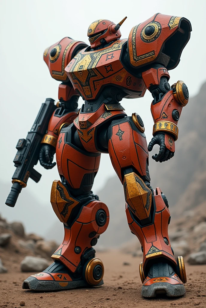 **Characteristics:**
- **Colors and Design:** Its color scheme is based on terracotta and gold hues, evoking the colors of ancient Inca structures and Andean landscapes. The Jaeger's armor features intricate geometric patterns reminiscent of Peruvian art and textiles.
- **armor:** Equipped with reinforced ceramic plates and advanced metal alloys, the Inca Guardian is designed to withstand the fiercest Kaiju attacks. The armor has a matte finish that reduces glare and improves camouflage in various terrain.
- **Weapons:**
- **"Cannon Keel":** An energy cannon mounted on the right arm that fires high-precision plasma projectiles.
- **"Inca Guardian":** A retractable energy ax on the left arm, inspired by traditional weapons, that can cut through Kaiju armor with ease.
- **"Ray Gun":** A deployable electric spear that can be used for long-range attacks or as a defensive barrier.
- **Propulsion:** The Inca Guardian is equipped with advanced propulsion systems that allow for fast and agile maneuvers in combat, both on land and in the air. Its thrusters are designed to adapt to mountainous and urban terrain.