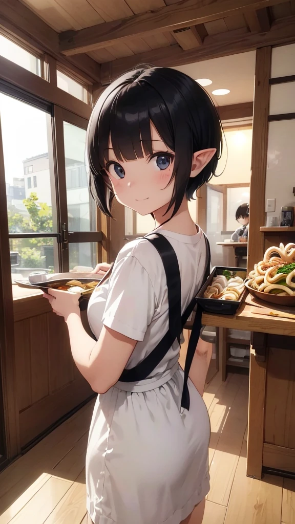 High resolution, 8K Ultra HD, ((Ink and painting)),  Inside the soba restaurant. An elf carrying a tray of wide udon noodles. There is nothing in the colander except for white udon noodles.. Short black hair elf, (((Very short hairstyle))), Very nervous,　A small smile,　(((whole body)))